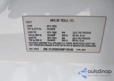 2021 Tesla Model Y Long Range Dual Motor All-Wheel Drive из США, поврежденный, VIN 5YJYGDEE6MF139180